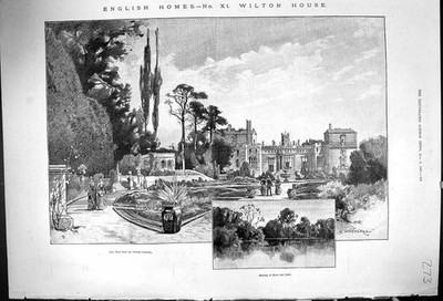 Original alter antiker Druck 1887 Wilton House England Private Gardens River Lake