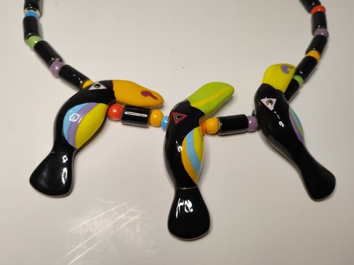 Vintage Toucans Pearls Beaded Ceramic Parrot Choker Necklace Vibrant Colors 20" - Picture 2 of 12