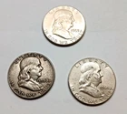 New ListingLot of 3 90% Silver U.S.A. Franklin Half Dollars 1958P, 1961P, 1963P