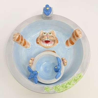 Vintage Lotus Chip and Salsa Dip Set Bowls Kitty Cat Bird Bath Party Ceramic