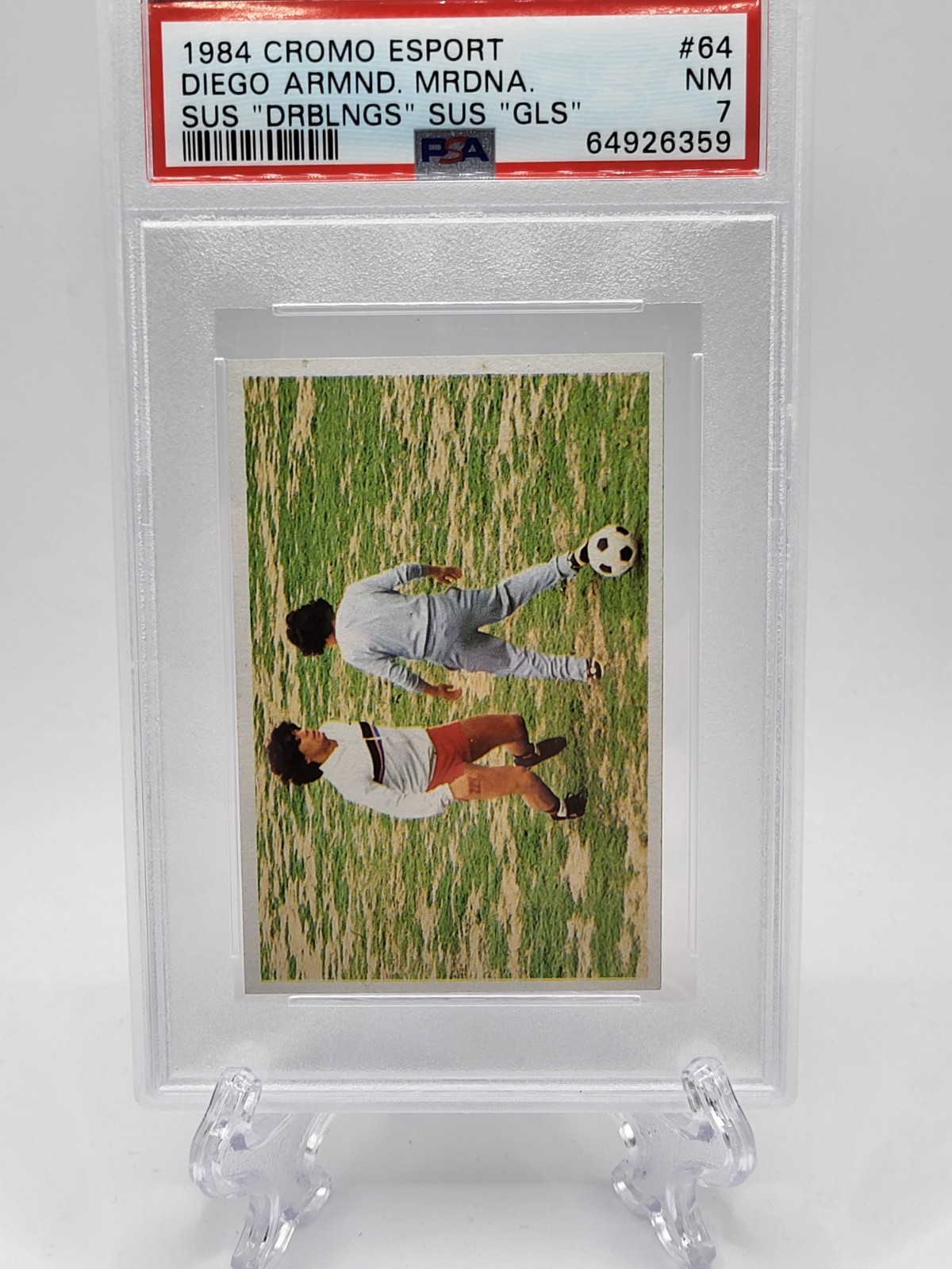 1984 Cromo Esport Soccer Maradona Sus "Driblings" Sus "Goles" #64 PSA 7 NM view 1