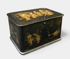 Antique 19th C Chinese Export Gilt Lacquer Black and Gold Tea Caddy Box