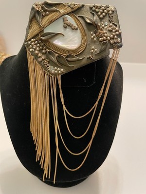 Marena Germany Large Brooch Mother of Pearl Seed Pearls Gold Fringe P130 Pin NOS
