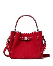 Tory Burch Mini Romy Pick Stitch Suede Bucket Bag Crossbody Toucan Red NWT NIB