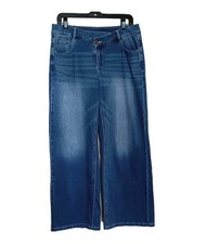 Halara Womens Jeans Medium Blue Zip Button Asymetrical Mid Rise Stretch Wide Leg
