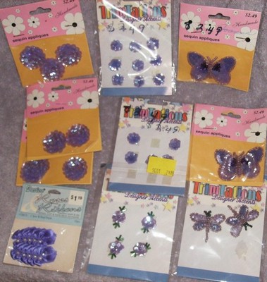 10 PKG LILAC SEQUIN APPLIQUE PATCH BALL ROSE BUTTERFLY BOWS W/ PEARL CRAFTS NEW