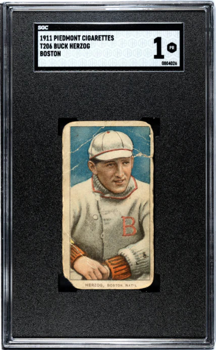 1909 T206 BUCK HERZOG NNO POOR PIEDMONT 350-460 SGC 1 BASEBALL BOSTON RUSTLERS