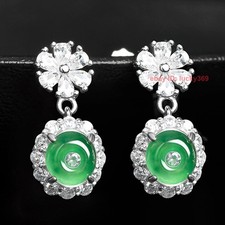 Certified S925 Silver Inlay Green Natural A Jade jadeite Dangle Stud Earrings