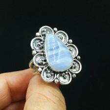 Natural Blue Lace Agate Pear Gemstone 925 Sterling Silver Ring Size-7.5 US