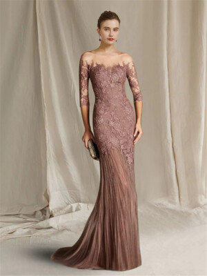 Mother of the Bride Dress Sweep / Brush Train Lace Tulle Half Sleeve Appliques