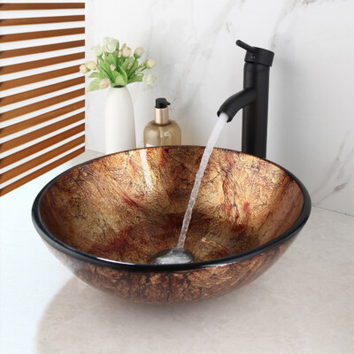 Bathroom Vanity Glass Washbasin Vessel Sink With Black Waterfall Tap Faucet Set