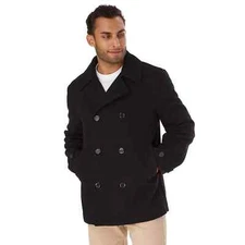 MENS SIZE LARGE Winter Peacoat 53% Wool Blend Double Breasted Coat Jacket BLACK