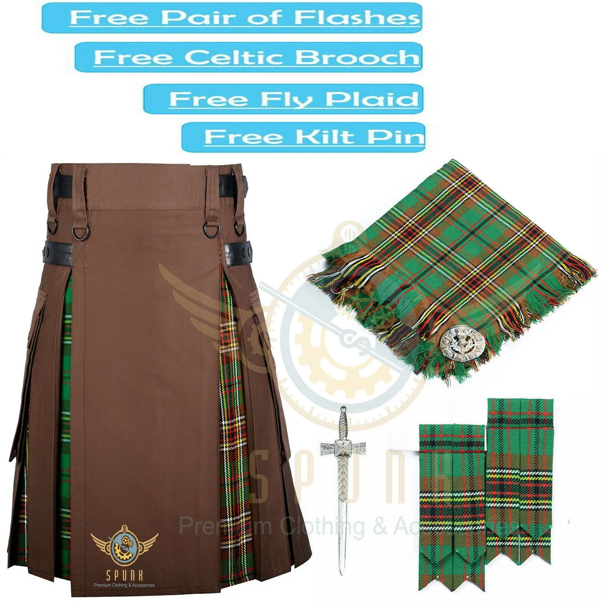 Scottish Men s Clan Tara Murphy Tartan utility Kilt Hybrid Brown