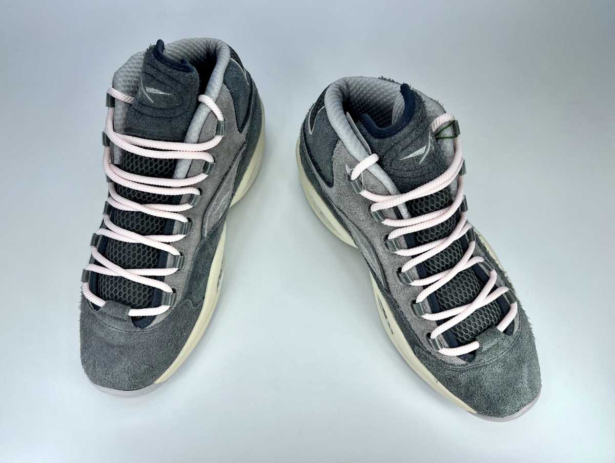 reebok question mid grey suede on feet