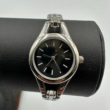 Womens Watch Silver Tone Round Black Dial Classic Minimalist New Battery 6.75"