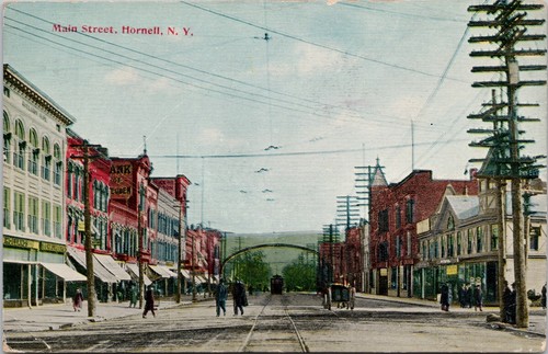 Main Street Hornell NY New York Straßenbahn Straßenbahn Bank of Reuben Schild Postkarte H50