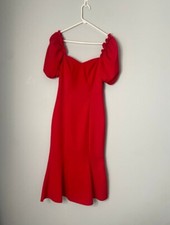 Trendyol Vestido Rojo XS 2/4 36 Ajustado Falda Acampanada Mangas Abullonadas Escote Corazón