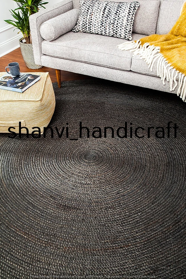 Braided Round Reversible 150x150 CM Natural Black Color Jute Rug Floor Mat Decor - Image 3 of 4