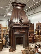 MONUMENTAL ANTIQUE  GOTHIC WALNUT FIREPLACE MANTLE
