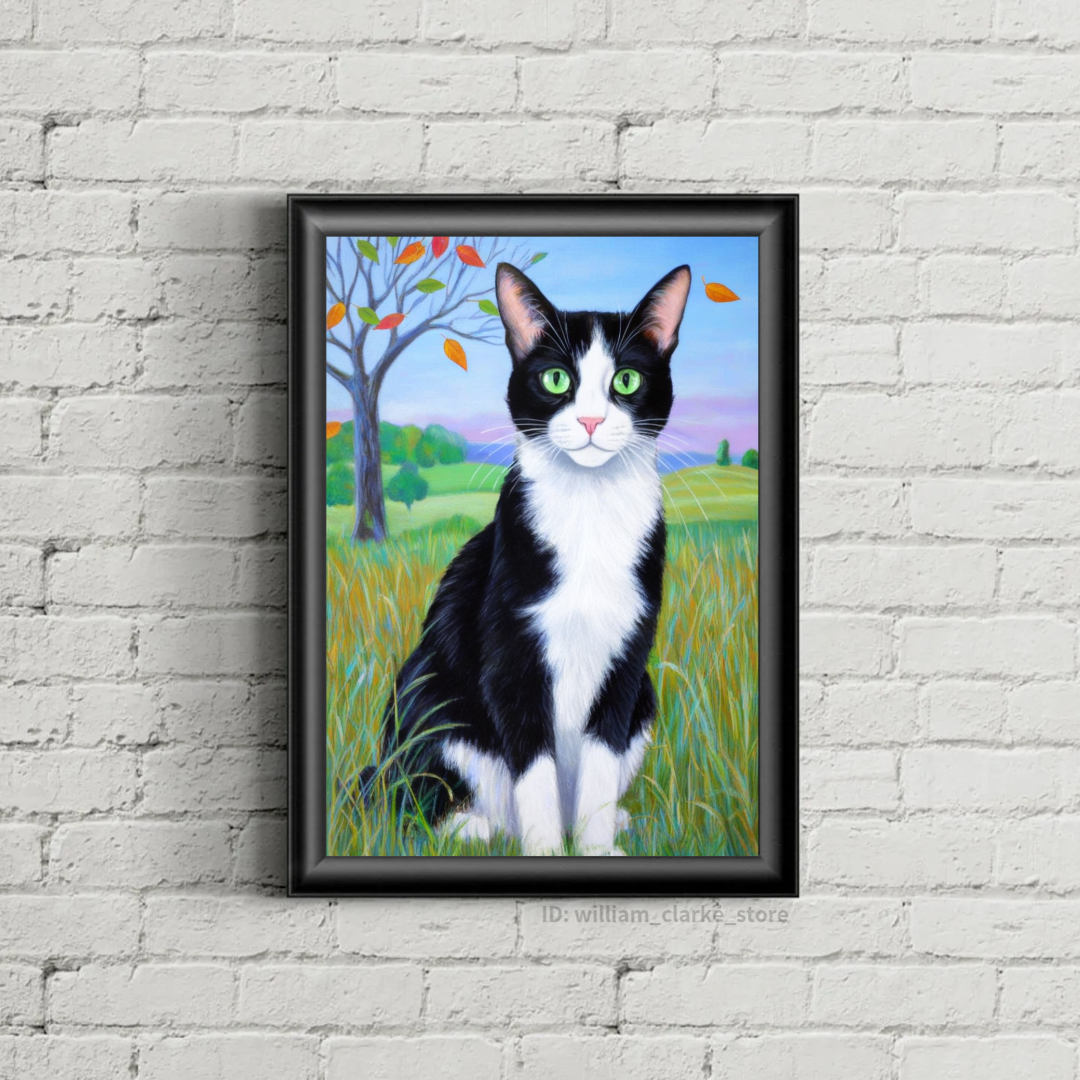 Tuxedo Cat art Original painting pet animal portrait autumn landscape