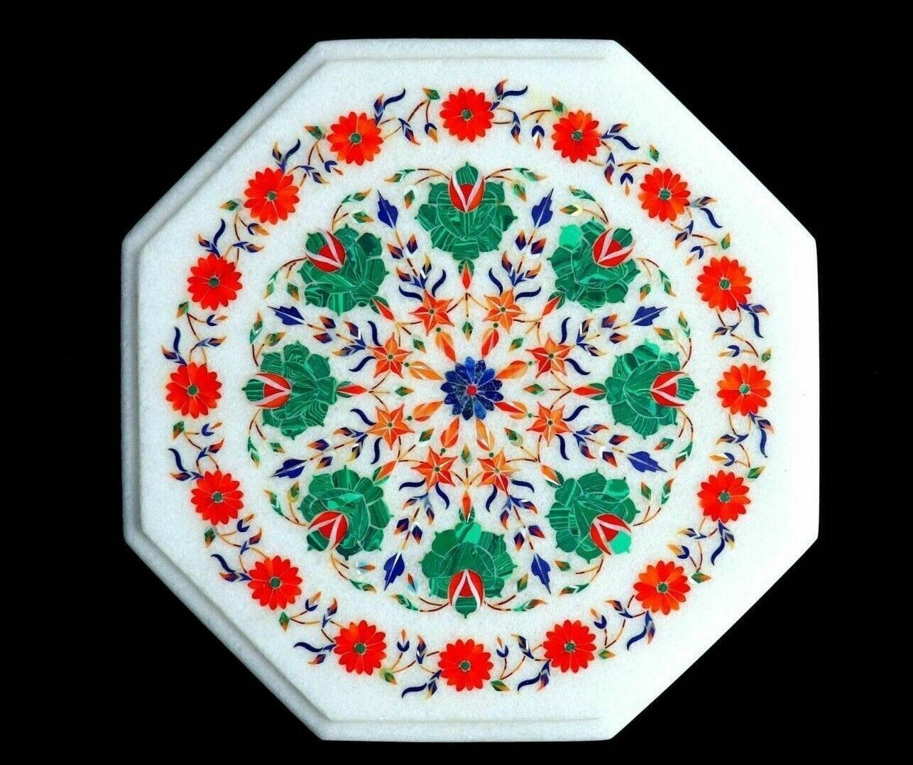 18-inch Handmade Marble Inlay Mosaic Coffee Table with Intricate Corner Design
