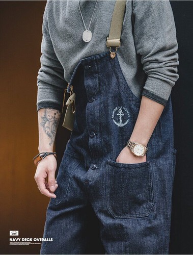 Mens Navy Deck Overalls Cargo Salopette Homme Jumpsuit Denim Jeans Bib Pants - Picture 9 of 17