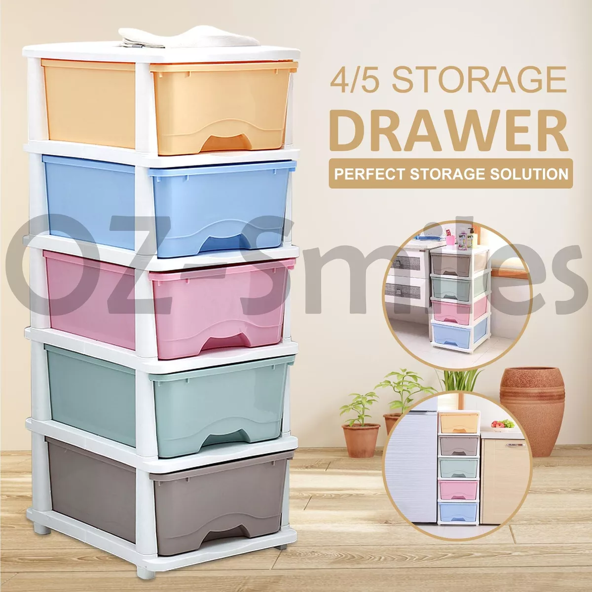 AU 4 5 Tier Drawer Storage Organiser Plastic level Office Box