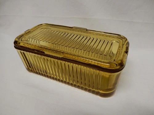 VINTAGE Federal Amber Glass Ribbed  Refrigerator Dish - Rectangle & Lid ***
