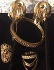 Lot Of 5 Vintage Costume Jewelry Pieces Gold And Bronze Tone Metal, Crystals