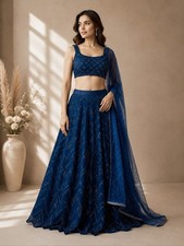 Blue Sequin Thread Embroidered Faux Georgette Lehenga Choli