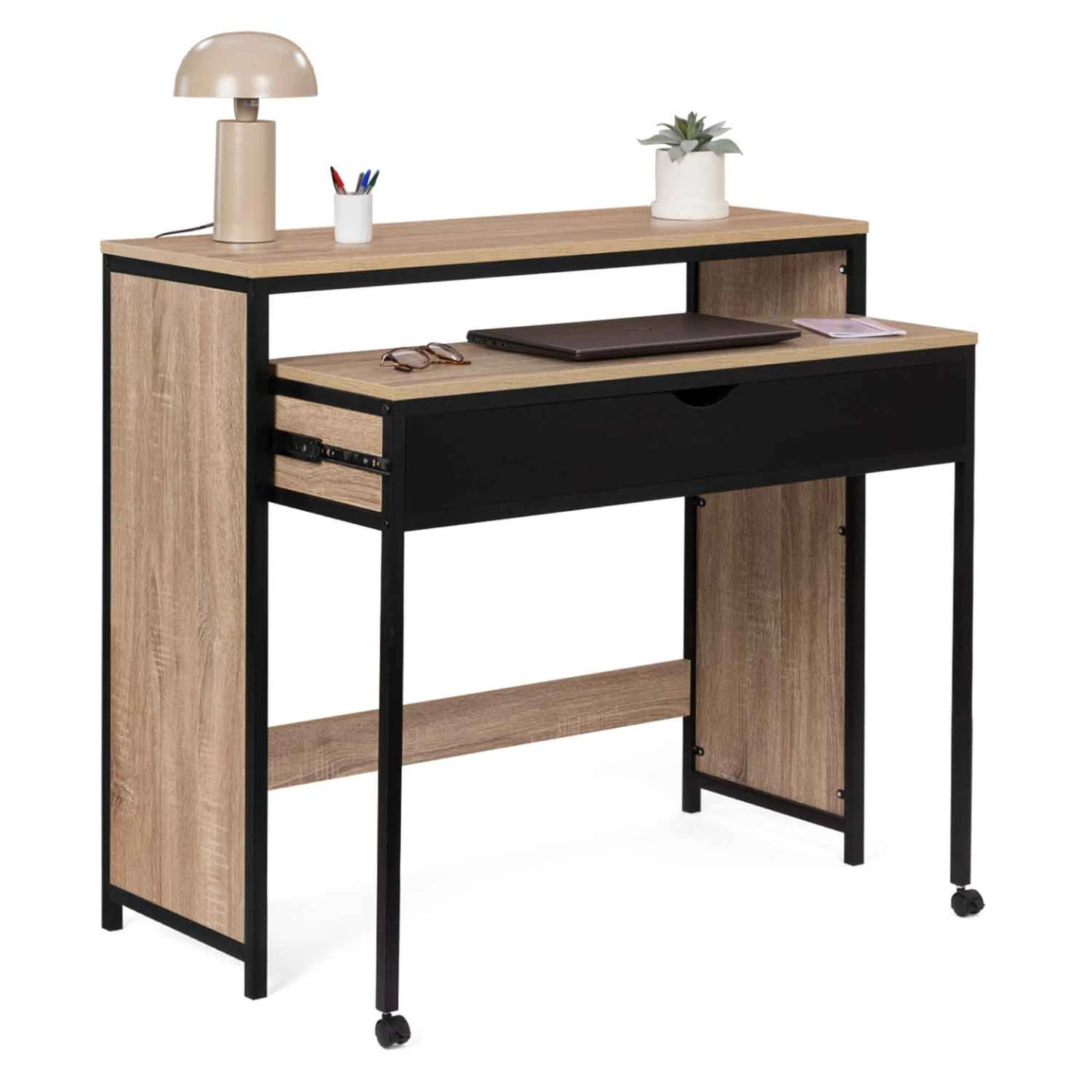 Bureau extensible noir BOSTON style industriel avec rangement coulissant pour studio