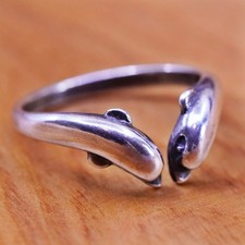 Size adjustable, vtg Sterling silver handmade ring, 925 wrap lover dolphin band