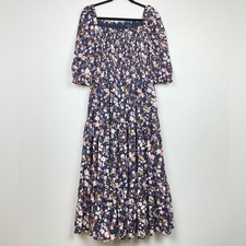 Ann Taylor Women's 4 PETITE Floral Smocked Maxi Dress Puff Sleeve Tiered Ruffle