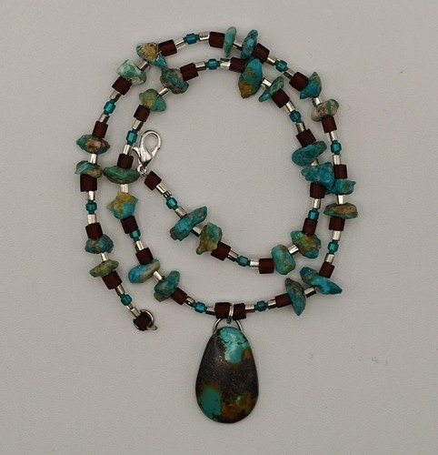16" Handmade Artisan Turquoise Teal Beaded Pendant Necklace Silver Tone Clasp - Picture 1 of 8