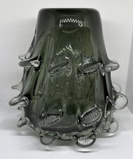 Vintage Murano Style Prunted Art Glass Vase, Olive Green, 7  