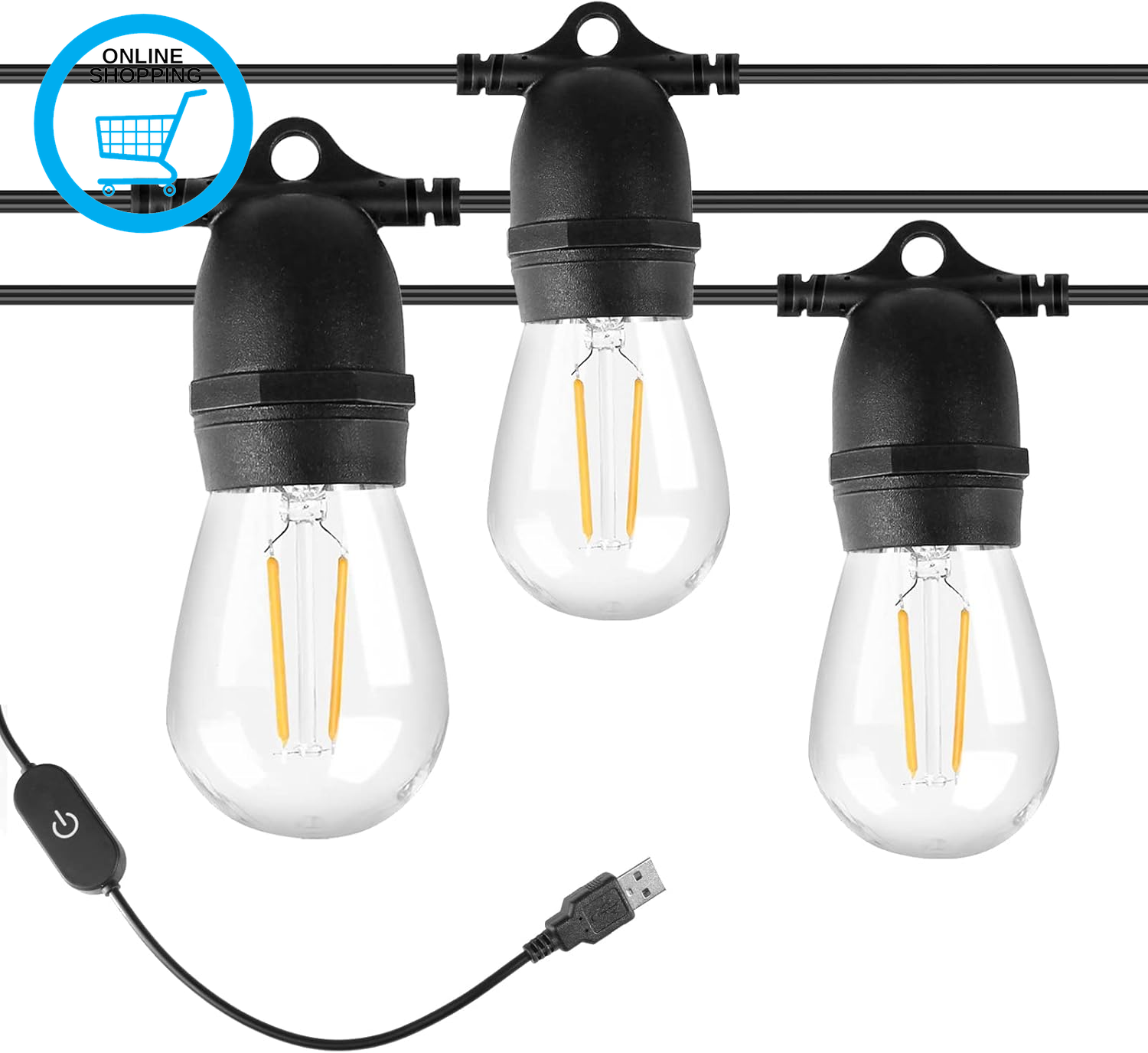 USB Powered String Lights with 10 Shatterproof S14 LED Bulbs, 24.6FT Waterproof