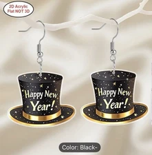Happy New Year Top Hat Dangle Earrings - New