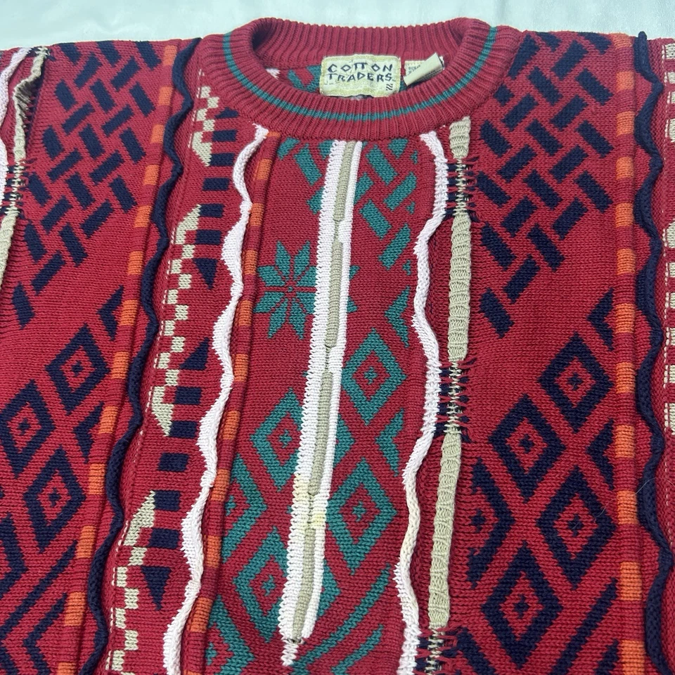 Suéter Vintage Algodón Traders Estilo Coogi Para Hombre XL Rojo Texturizado Pullover Años 90 Foto 2 de 4