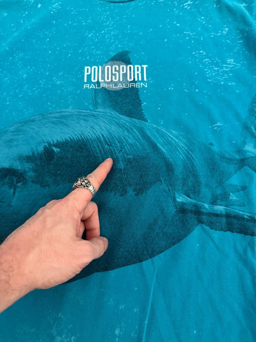 vintage 90s Polo Sport Ralph Lauren Shark Tee All Over Print AOP