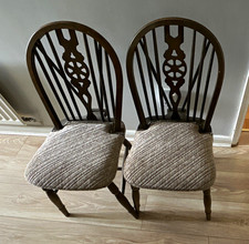 Set of 2 Wood Dining Chairs Upholstered Padded Seats Brown/Beige