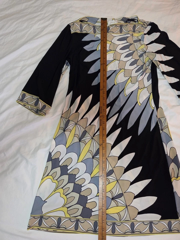 VESTIDO VAINA DONNA MORGAN HASTA LA RODILLA BARCO CUELLO NEGRO AMARILLO GEO ESTAMPADO TALLA 10 Foto 2 de 4