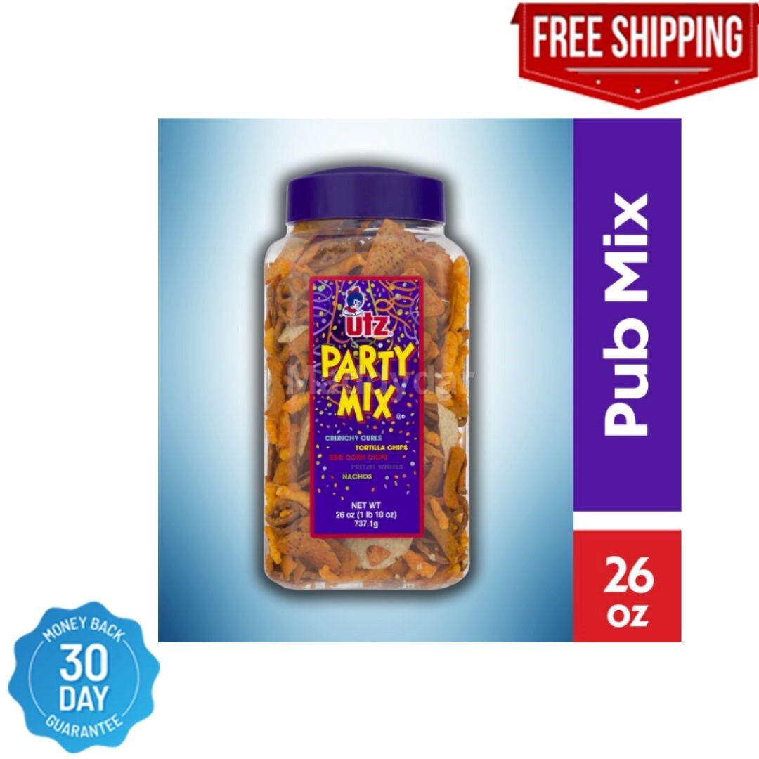 Utz Party Mix Barrel 26 oz includes a bold mix of corn tortillas, nacho