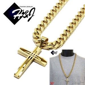 Authentic 30"MEN's 11x5mm Gold Plated Cuban Curb Necklace Cross Pendant*GA