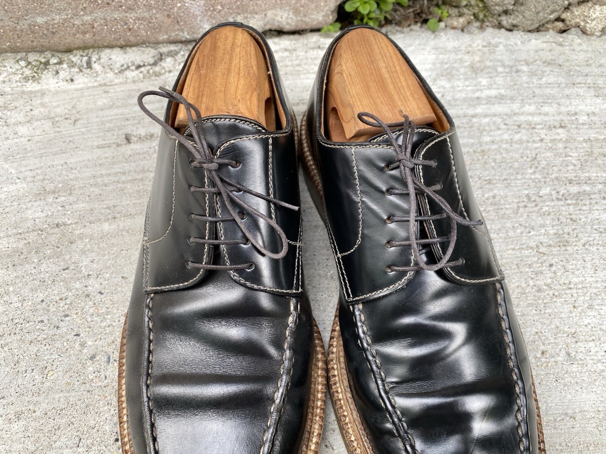 BRIONI blk LEATHER MOCCASIN STITCH SPLIT TOE DERBY SHOE 42