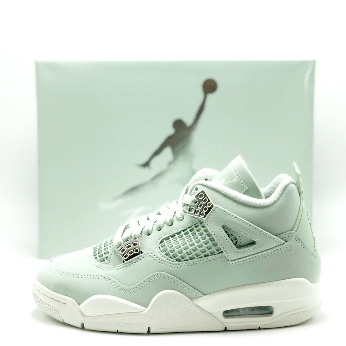 ☆Maria☆ NEW* Women Air Jordan 4 Retro Seafoam/Sail-Metallic Silver