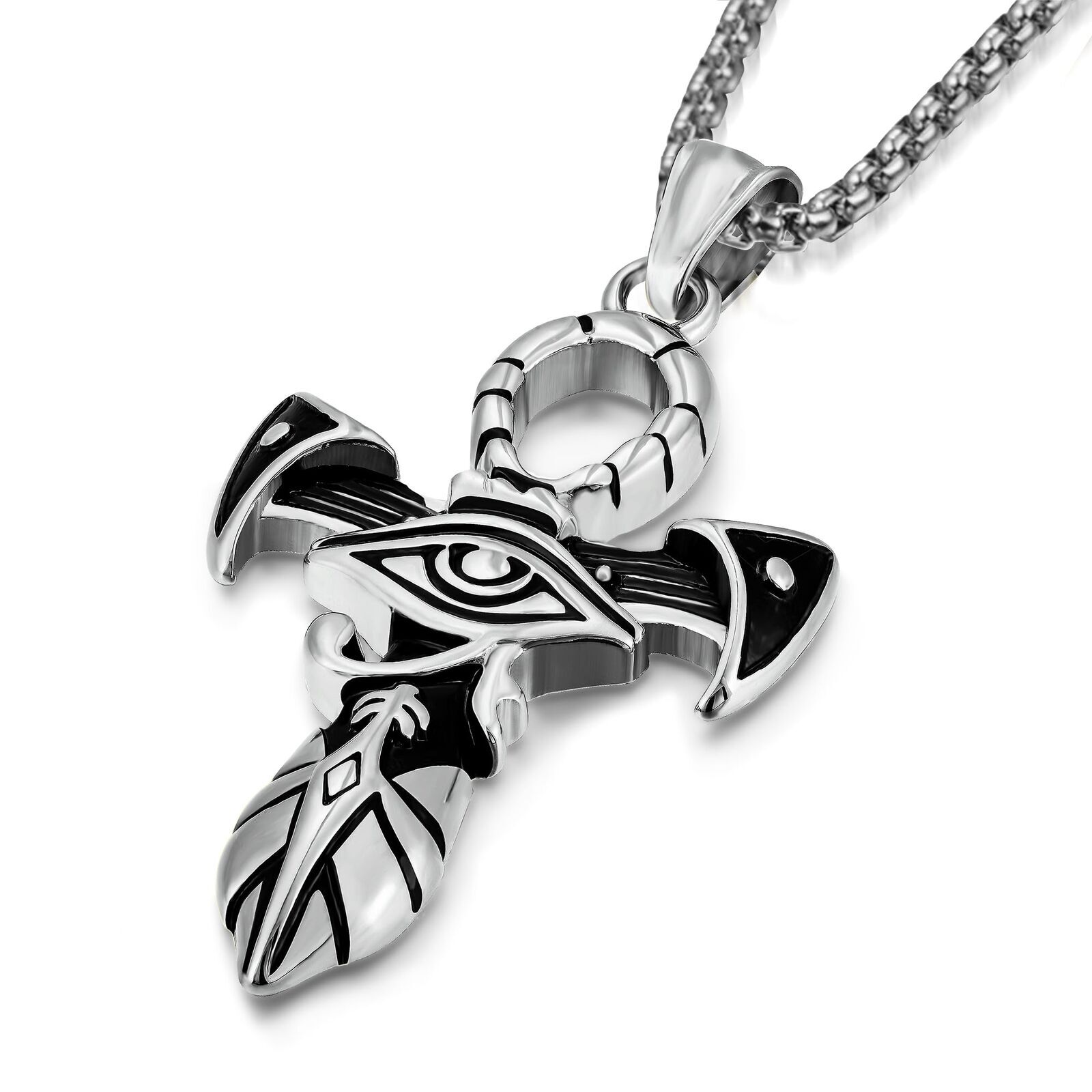 Men Women Eye Cross Necklace Stainless Steel Vintage Egyptian Pendant Chain Gift