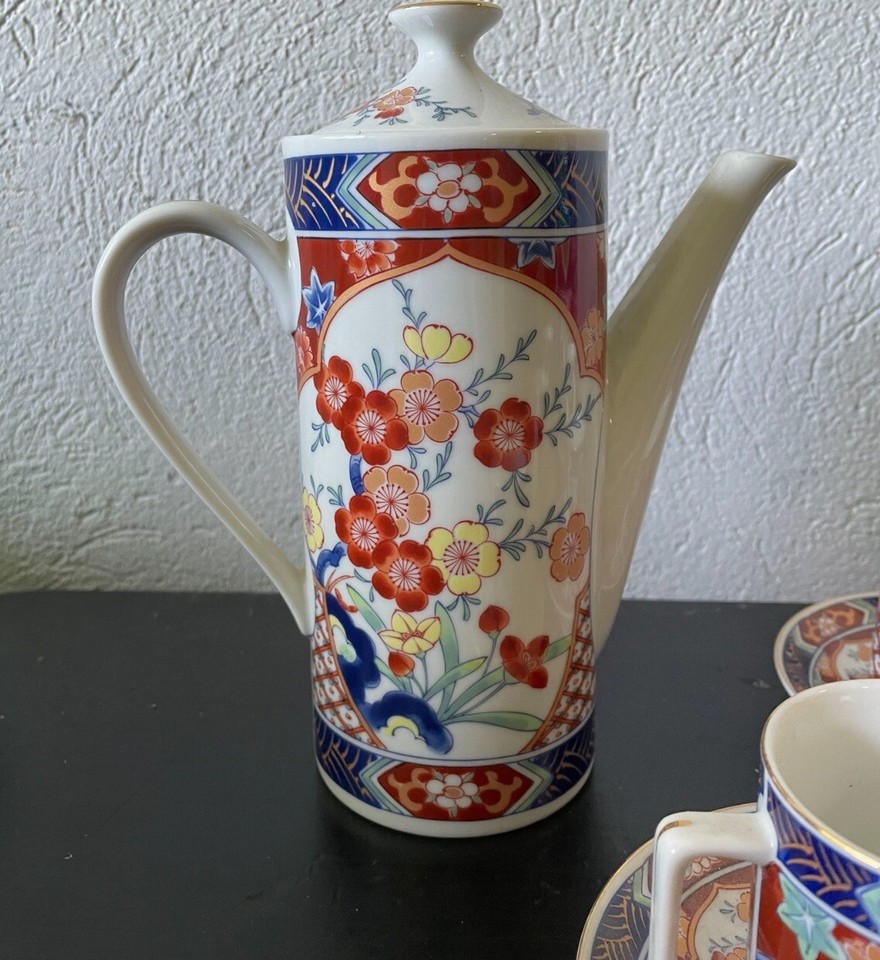 Vintage Imari Porcelain Tea Set 15 pc Demitasse Peacock Design Gold