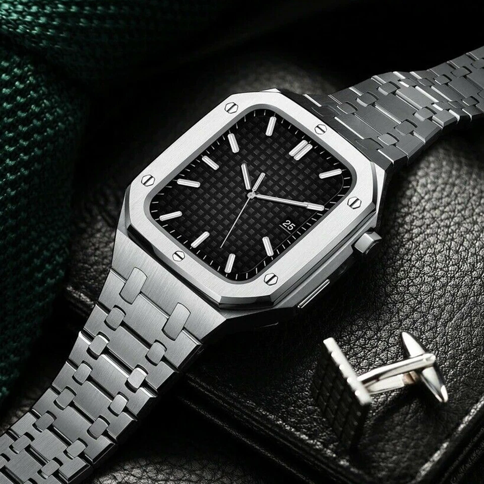 Para Apple Watch 9 8 7 45mm 44mm Caja Acero Inoxidable Correa y Correa de Goma Foto 2 de 4