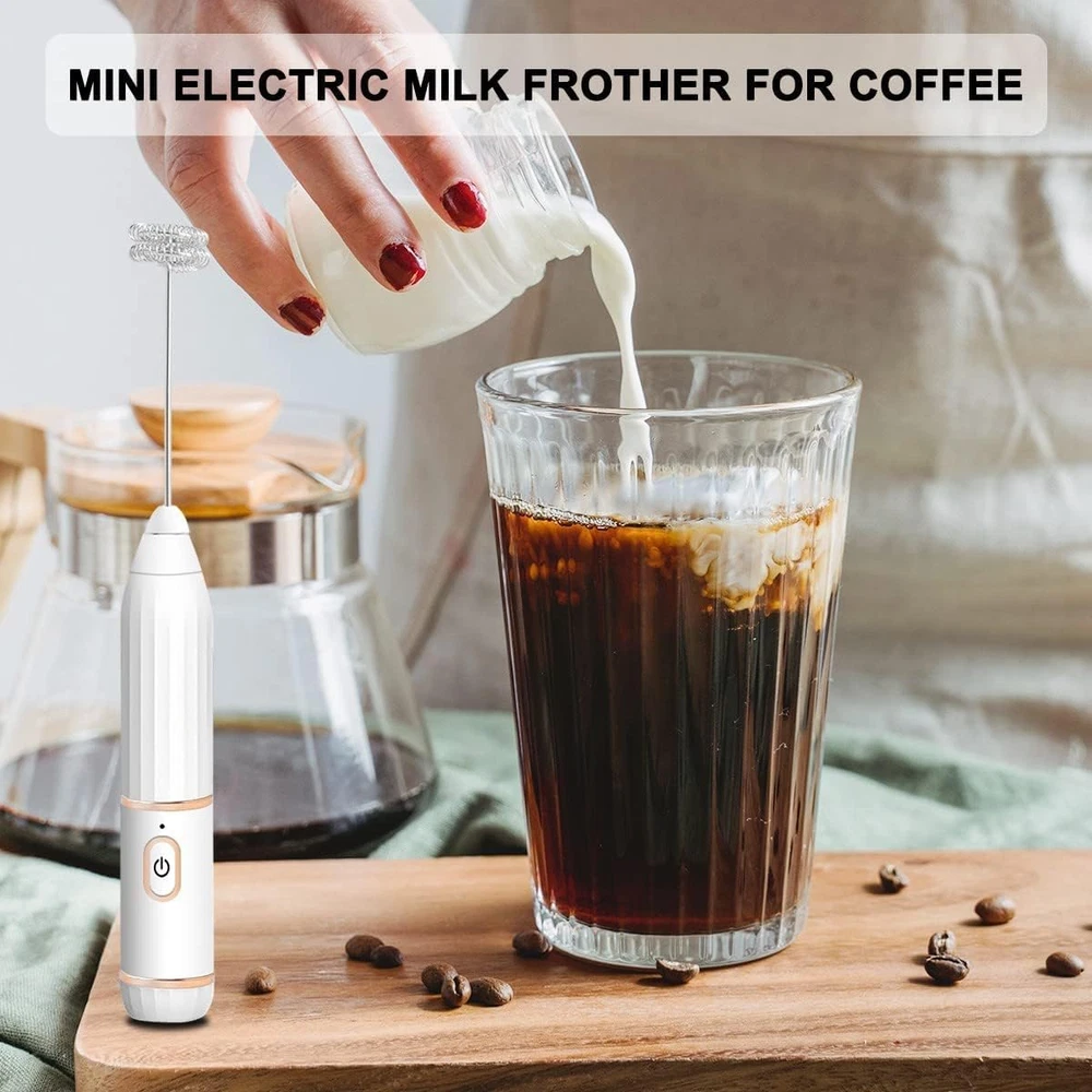 Milk Frother for Coffee Handheld Electric Rechargeable, Double Whisks 2 in 1 Han