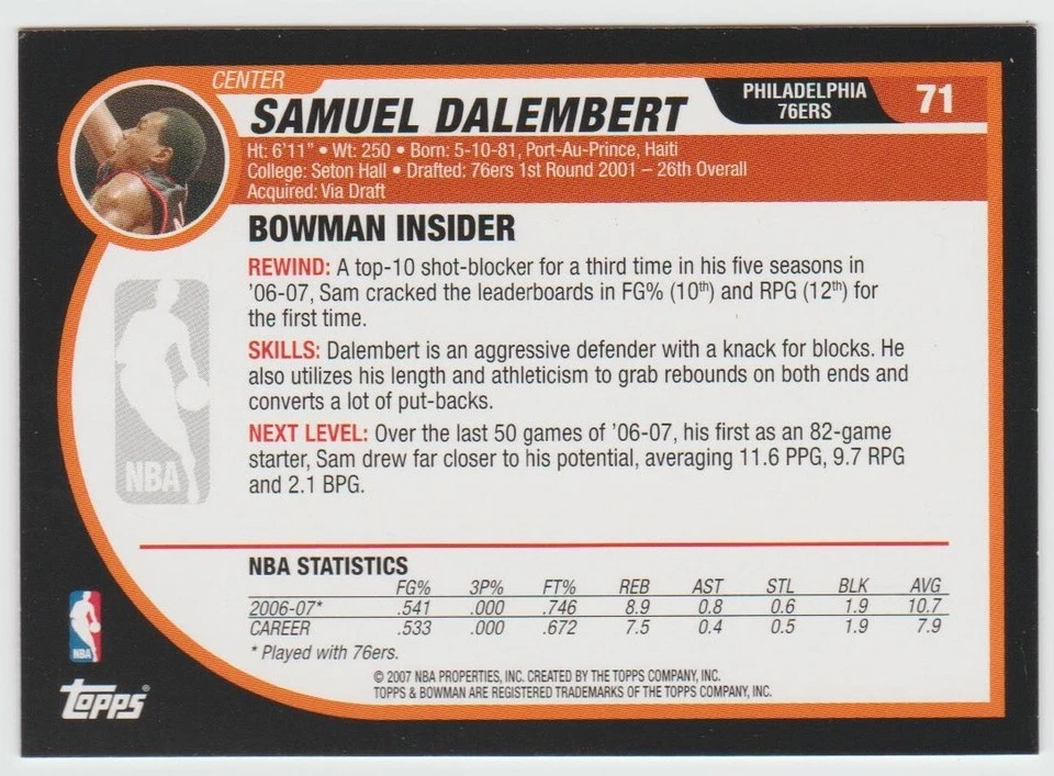 Baloncesto Bowman 2007-08 #71 Samuel Dalembert - Philadelphia 76ers Foto 2 de 2